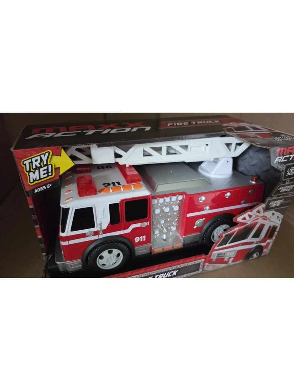 NEW MAXX ACTION MEGA MOTORIZED FIRETRUCK LIGHTS/SOUNDS, RUBBER TIRES LADDER, # 4